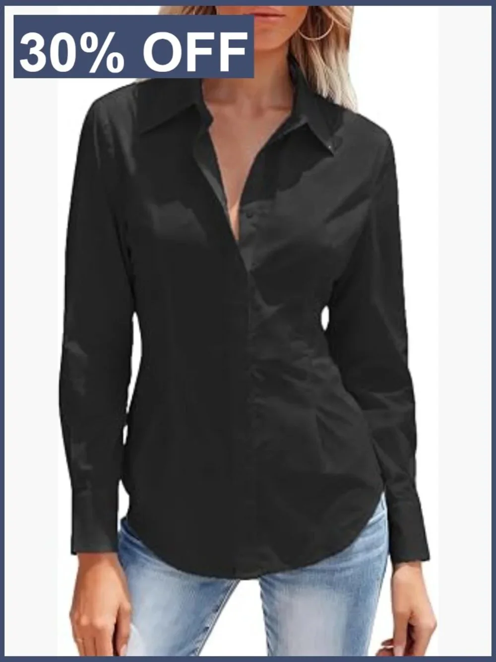 Long Sleeve Button Down Shirt Wrinkle Free Collared V Neck Business Blouse